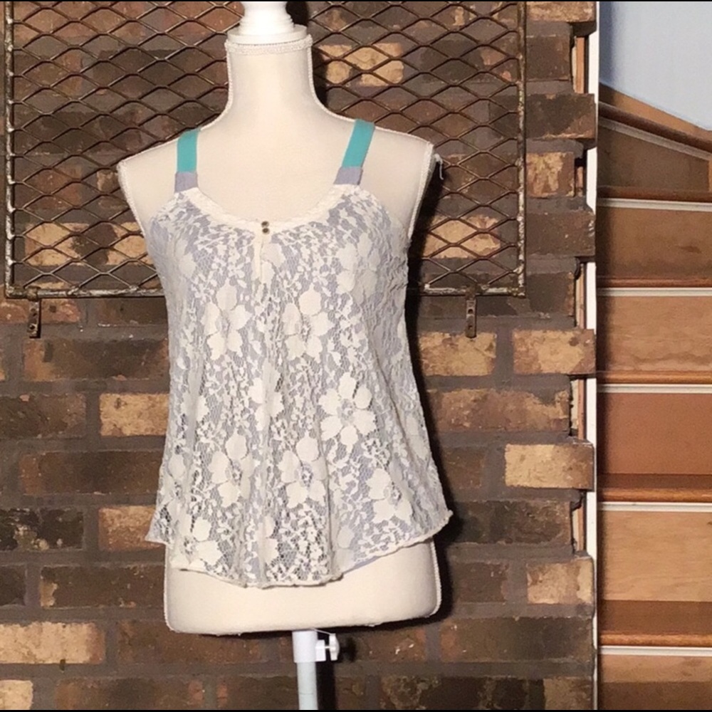 Rewind lace overlay tank top  white gray and teal